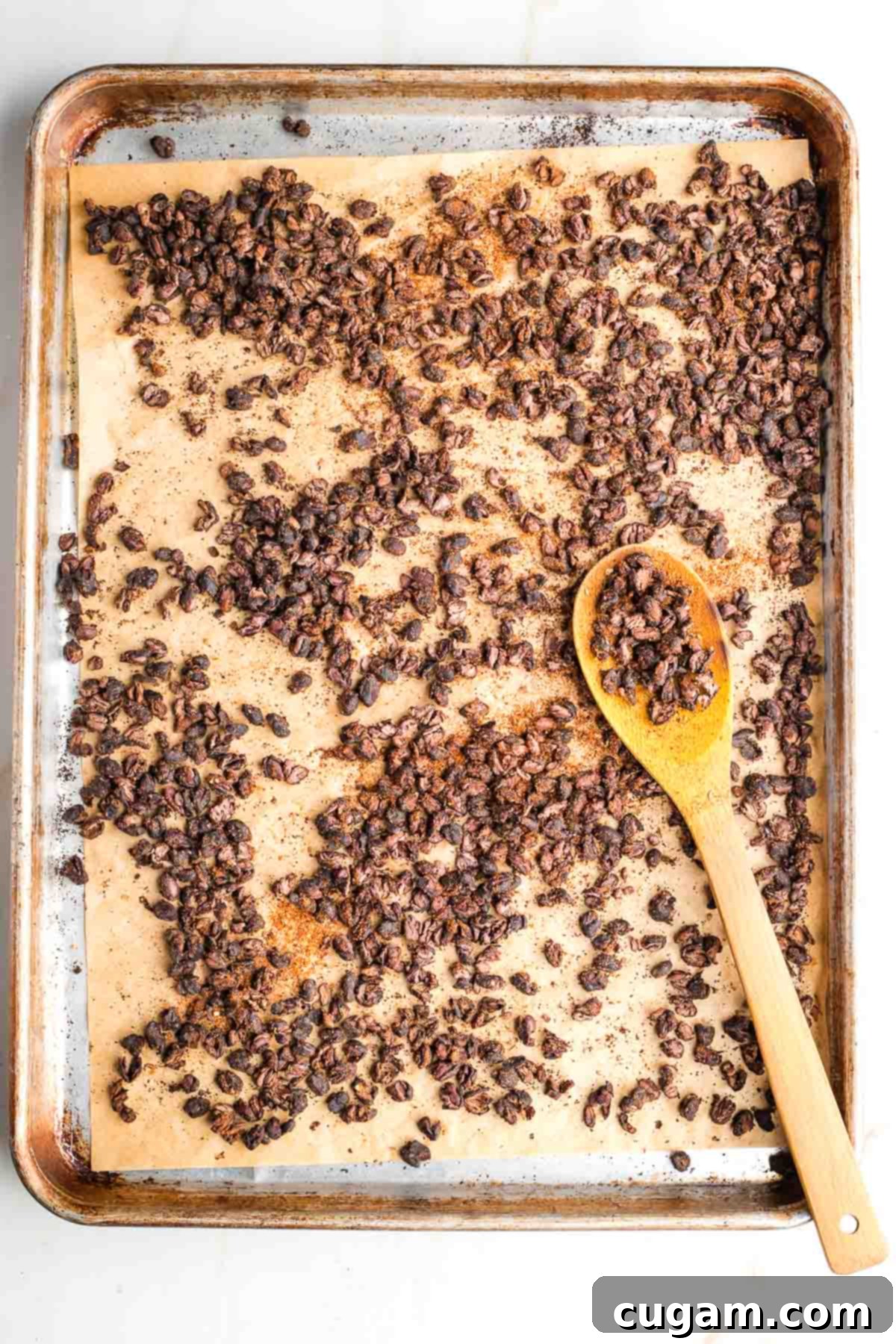 Baking tray with roasted black beans, some on a wooden spoon.