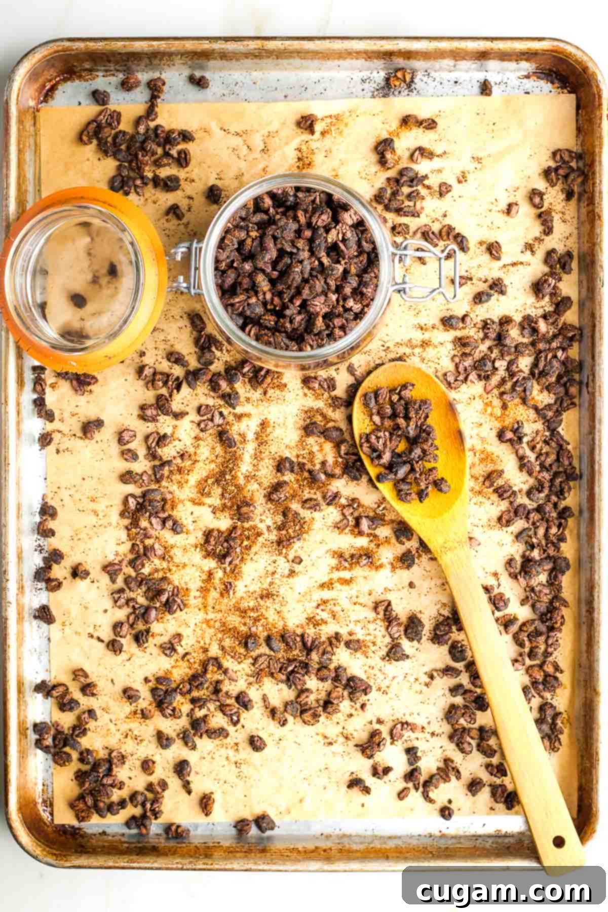 Crispy black beans in a lidded jar.