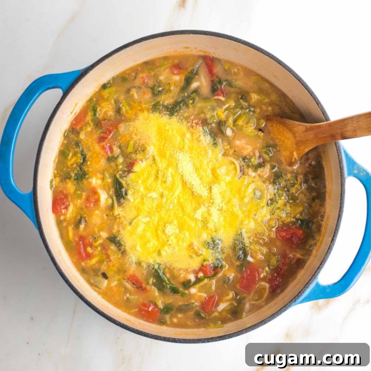 Nutritional yeast, sprinkled onto a pot of chunky soup.