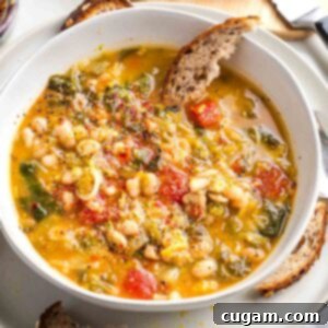 Chunky soup with tomatoes, escarole and beans in a yellow broth with a wedge of sourdough dipping into the bowl.