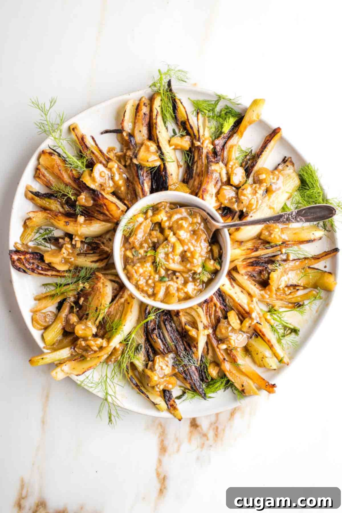 Wedges of golden-brown braised fennel on a platter, ready to be served as a delicious side dish.