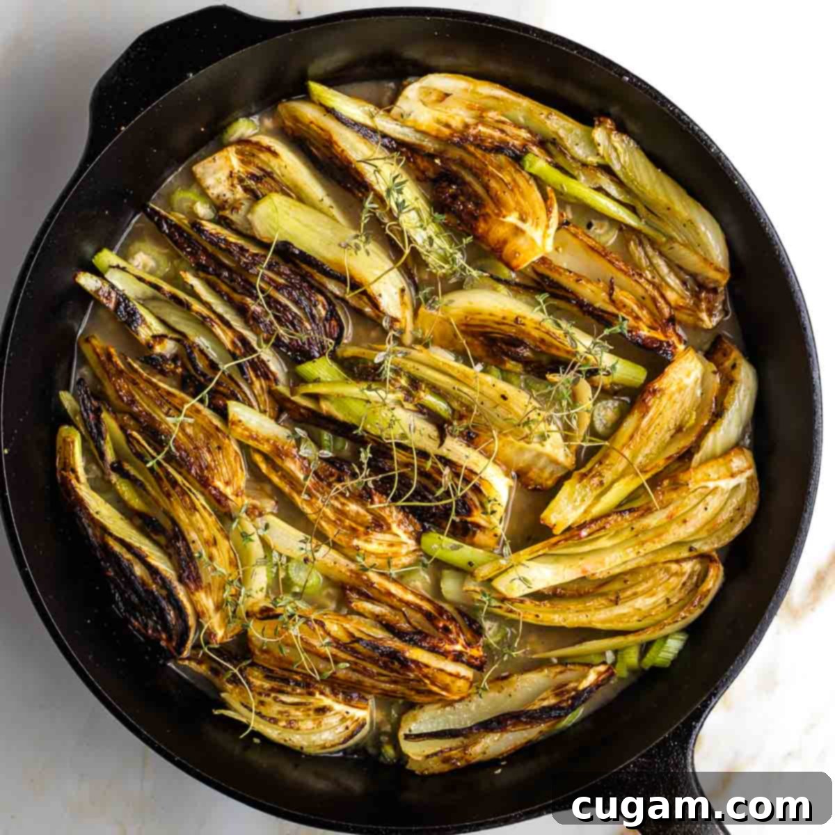 Golden-brown fennel wedges returned to the skillet with the braising liquid, topped with fresh thyme sprigs.