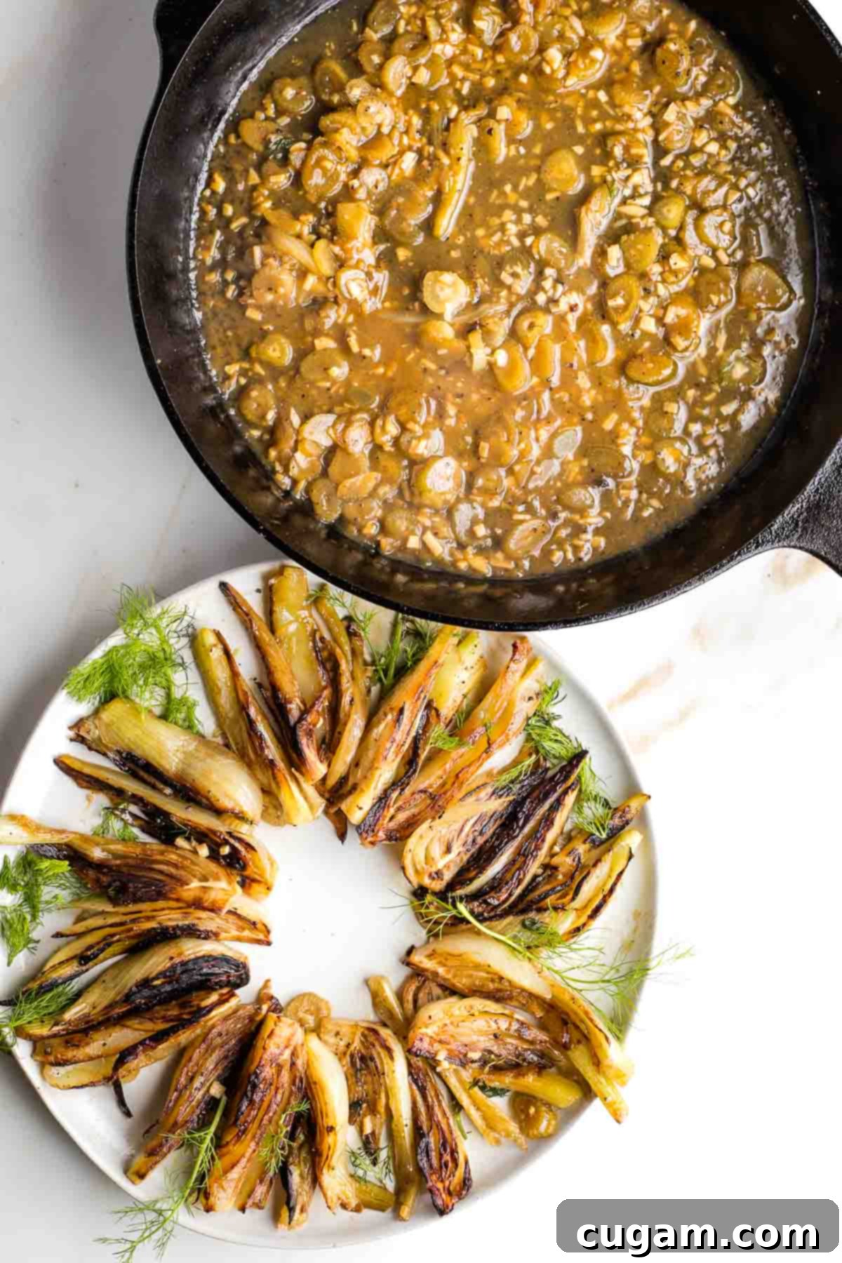 A cast iron skillet containing the rich, chunky sauce, alongside a platter of beautifully browned braised fennel wedges.