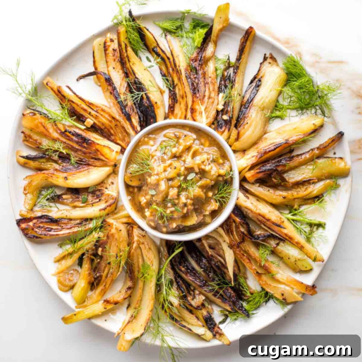 Beautifully browned fennel wedges presented on a serving platter, with a bowl of chunky sauce in the center.
