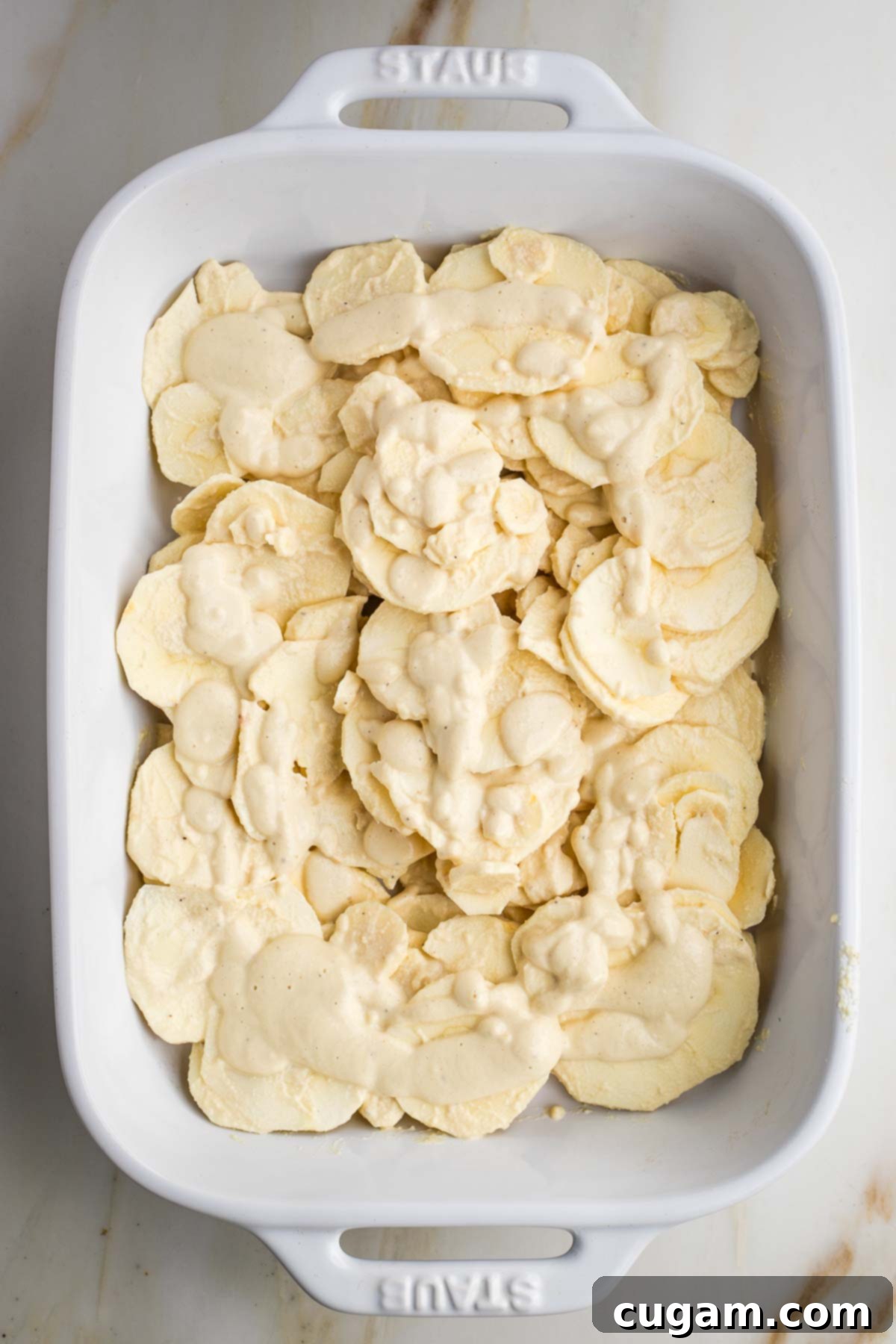 Layers of sliced parsnips in a casserole dish.