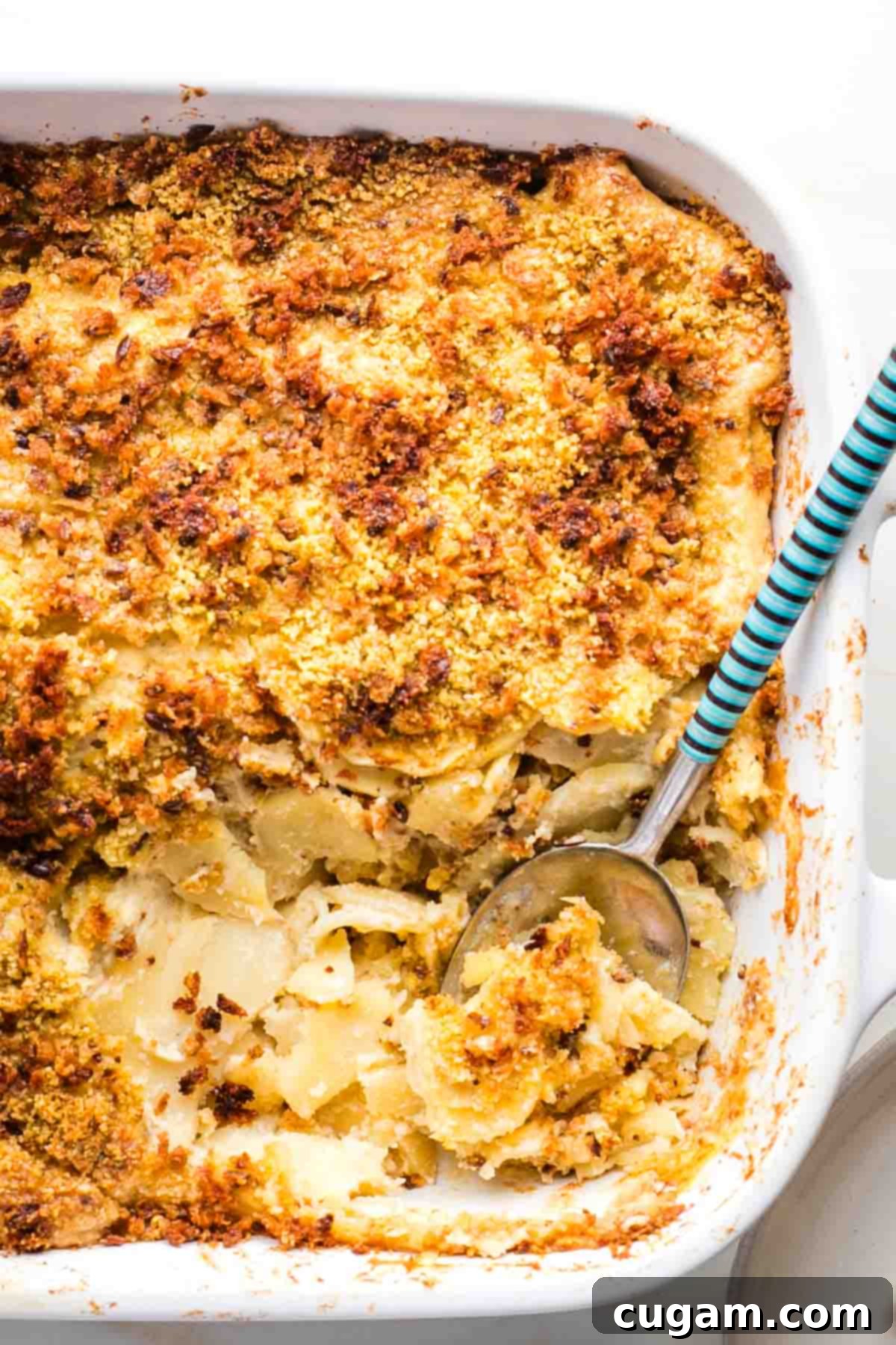 Close up of parsnip gratin in a baking dish with a serving spoon.
