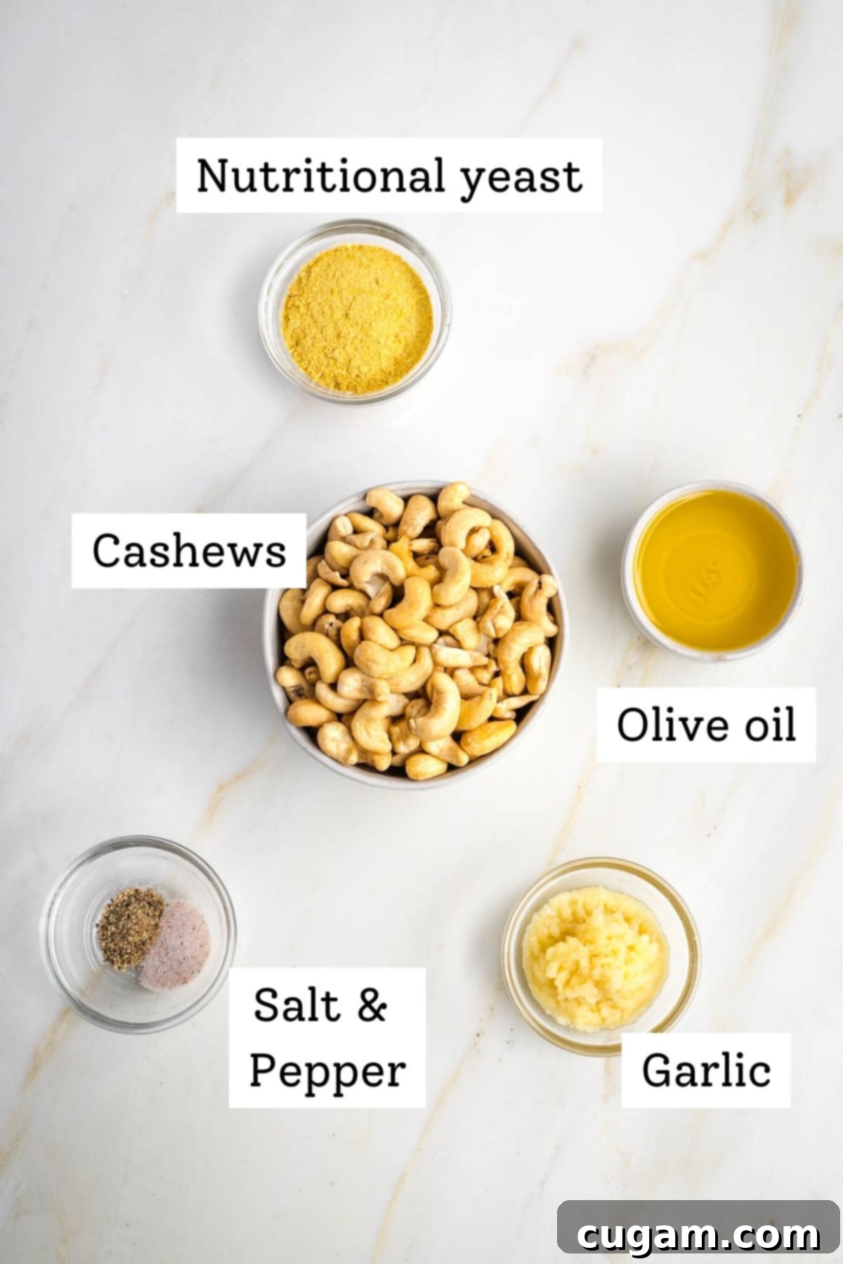 Labeled ingredients: cashews, olive oil, garlic, nutritional yeast, salt and pepper.