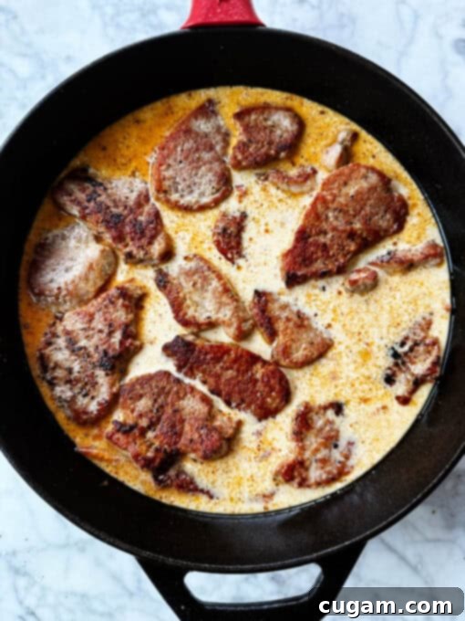 Overhead view of creamy sun-dried tomato sauce with pork medallions simmering in a skillet