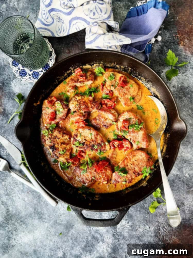 Pork tenderloin medallions in a skillet with a serving spoon and fresh parsley garnish