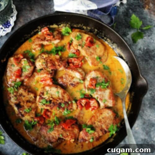 Pork tenderloin medallions in a skillet with creamy sun-dried tomato sauce