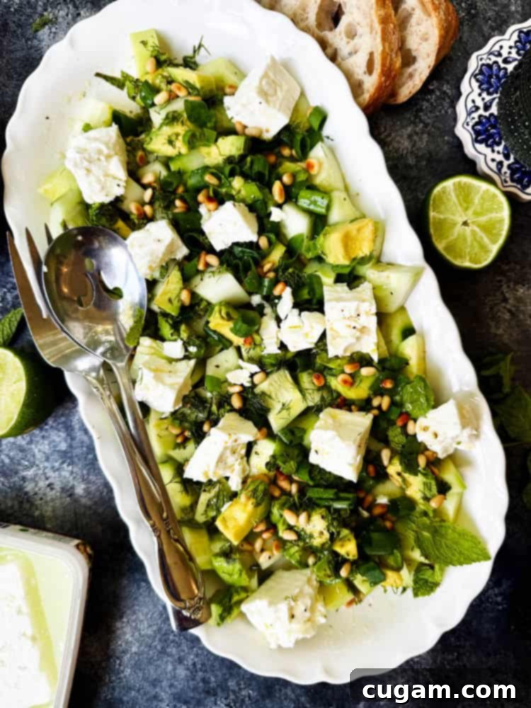 Overhead view of a platter of cucumber feta salad, vibrant green and white with hints of fresh herbs, ready to serve.