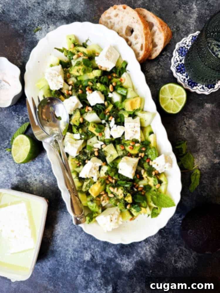 Overhead view of a beautifully presented cucumber feta cheese salad on a white plate, garnished with lime wedges, fresh feta cubes, and slices of artisan bread, inviting to be eaten.