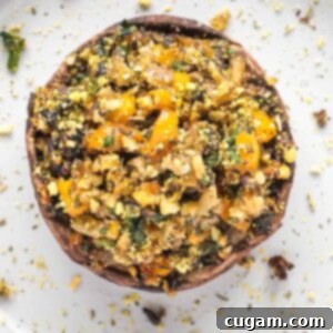 Large portobello mushroom cap stuffed with veggies and herbs.