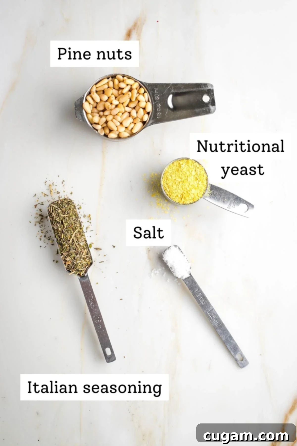 Labeled ingredients: pine nuts, Italian seasoning, nutritional yeast and salt.