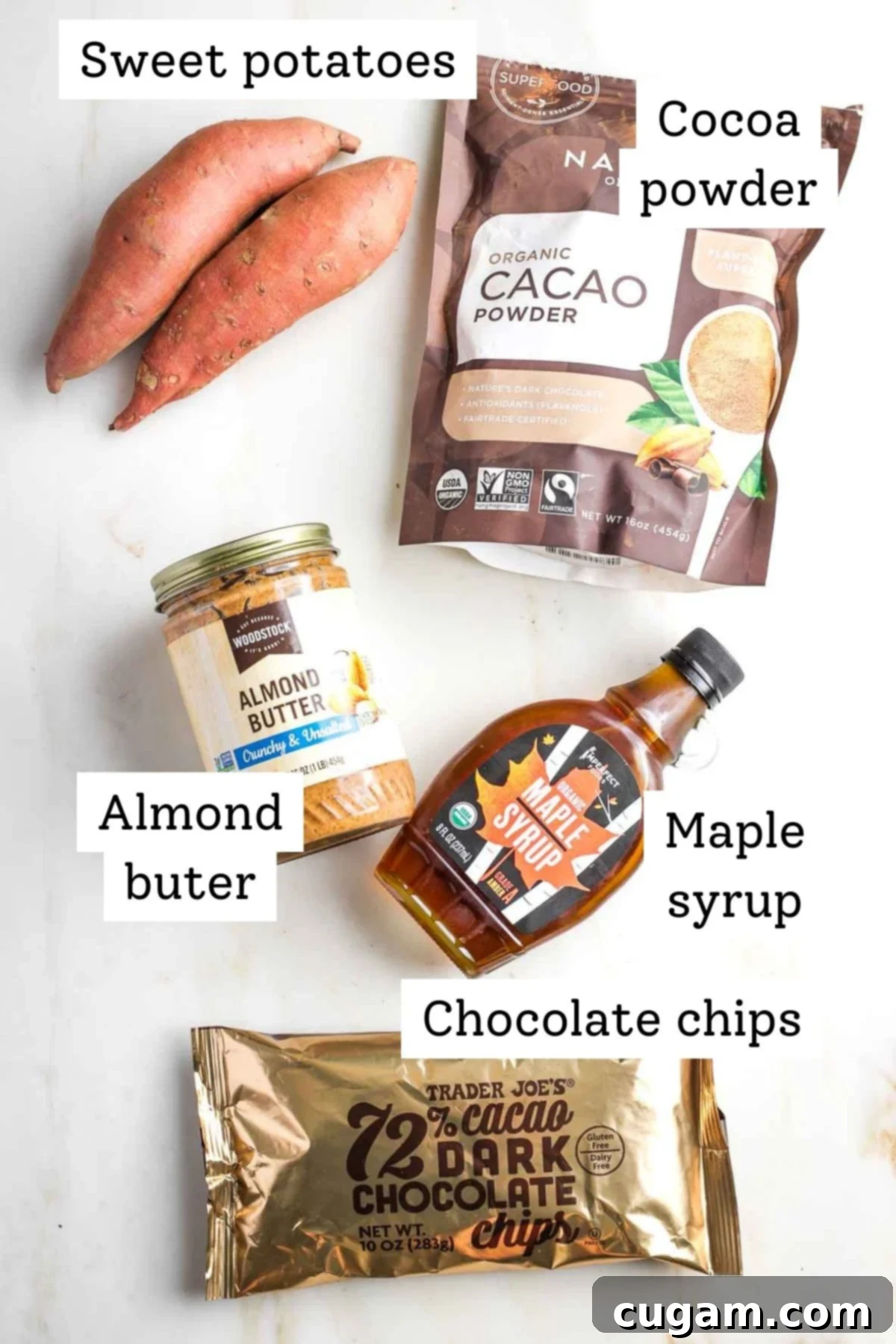 Labeled ingredients: sweet potatoes, cocoa powder, almond butter, maple syrup, chocolate chips.