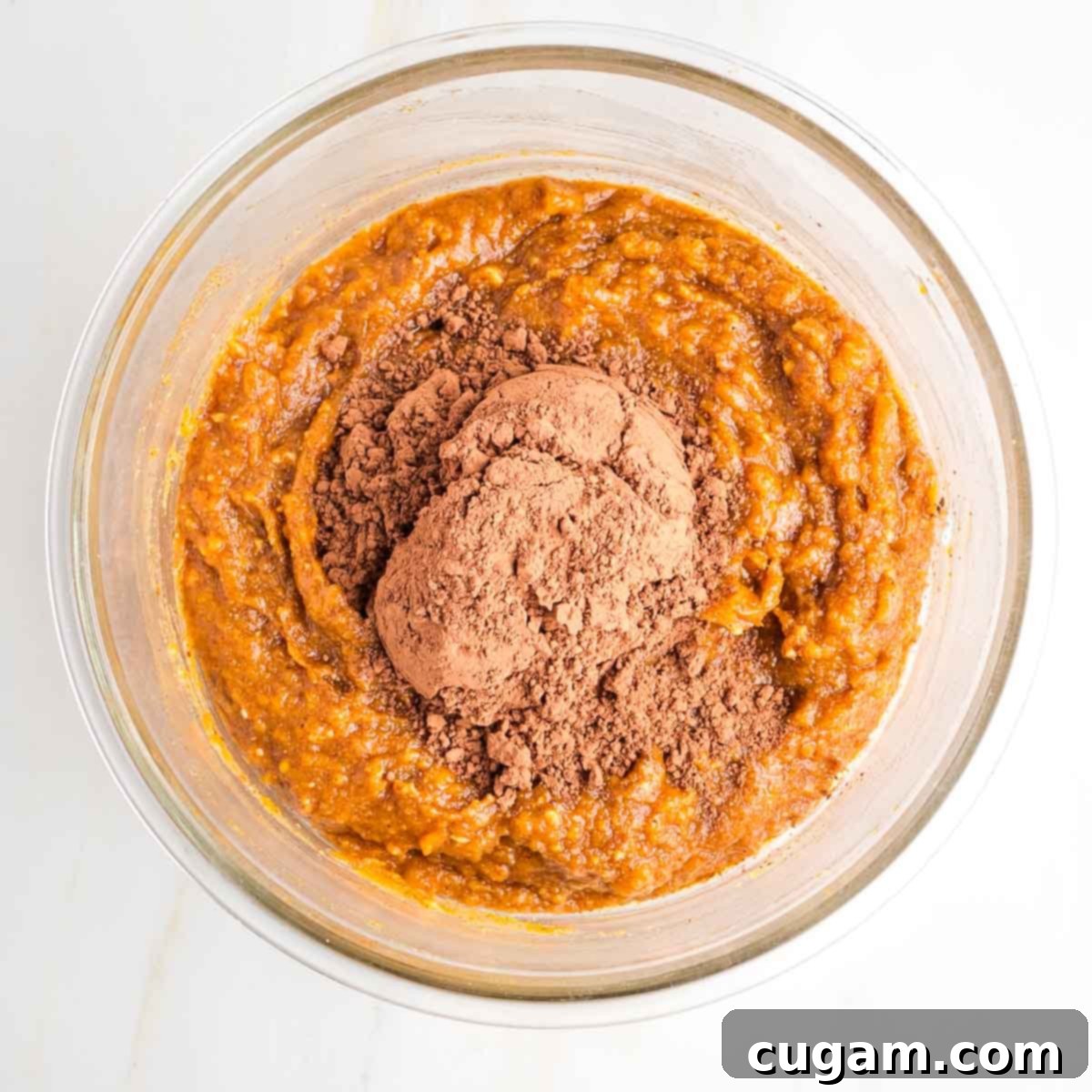 Mashed orange/brown mixture with a heap of cocoa powder in the center.