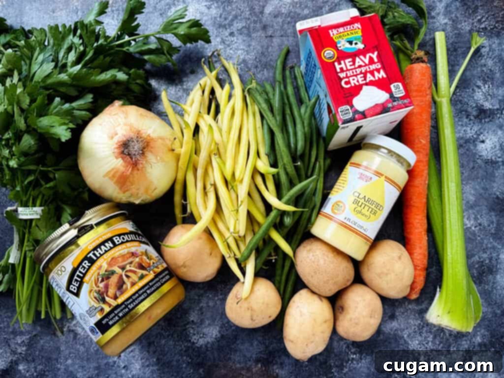 Fresh ingredients for green string bean soup arranged on a wooden board