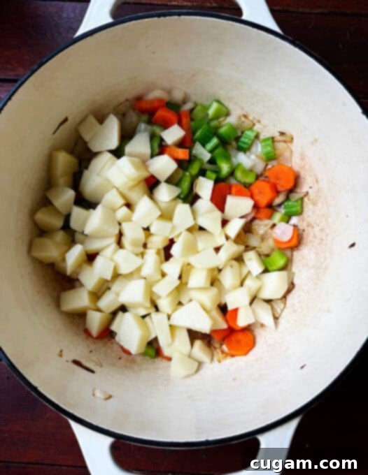 Onions, carrots, celery, and cubed potatoes in the pot, ready for broth
