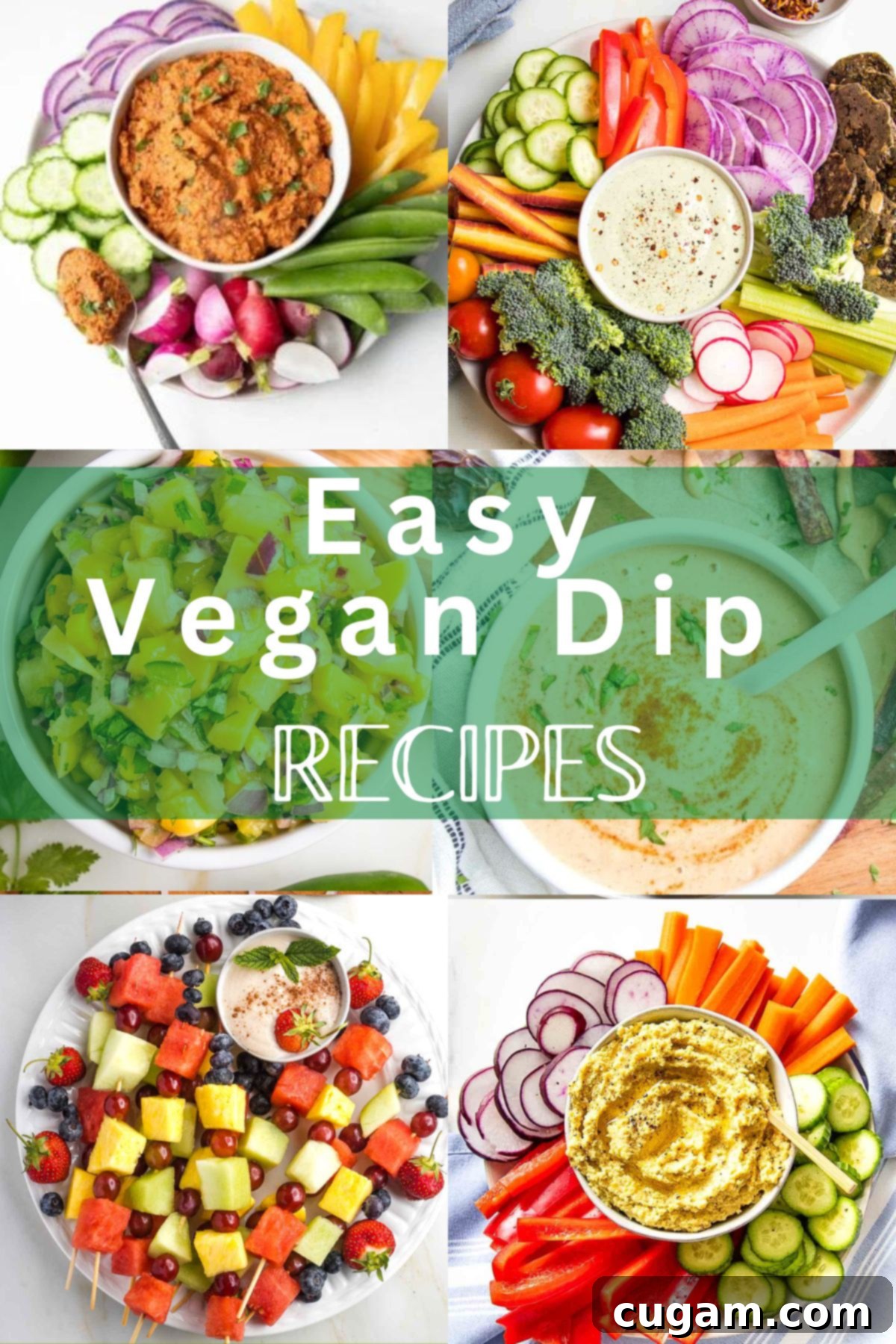 Quick and Tasty Vegan Dips 2 Photo collage of diverse vegan dips with colorful veggies and dippers, with text "easy vegan dip recipes"