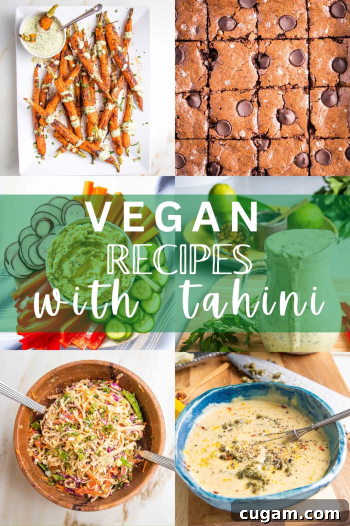 Grid of photos featuring tahini dishes: roasted carrots, chocolate brownies, sesame noodles, and a creamy Caesar dressing, with 'vegan recipes with tahini' overlay.