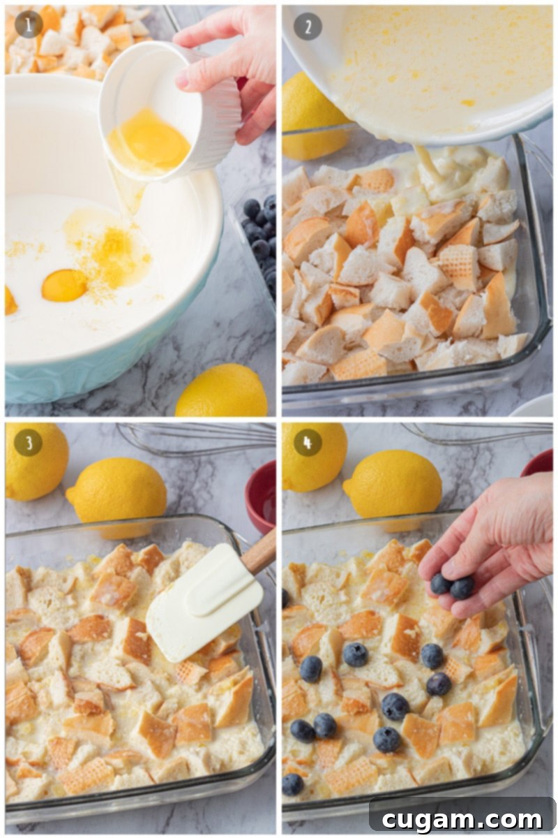 Eggs pouring into blue bowl of milk, pouring eggs and milk onto bread cubes, spatula pressing bread cubes into glass pan, sprinkling blueberries on bread, eggs, and milk.