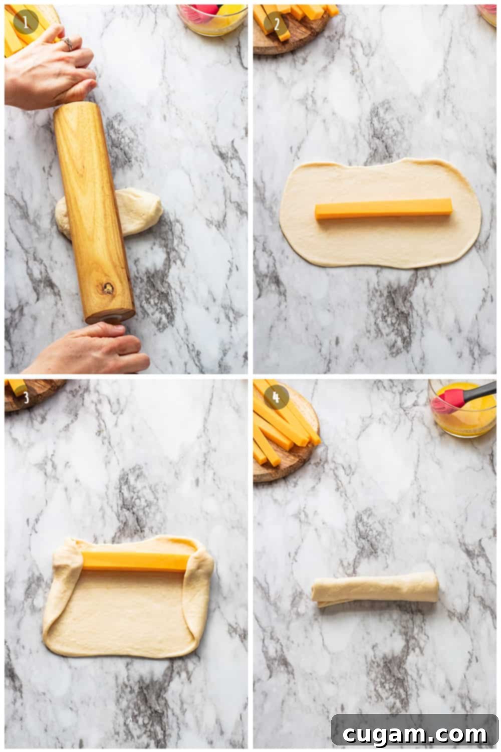 rolling dough out on marble table, cheese in middle of dough, rolling cheese into dough rectangle, finished raw pretzel stick. 