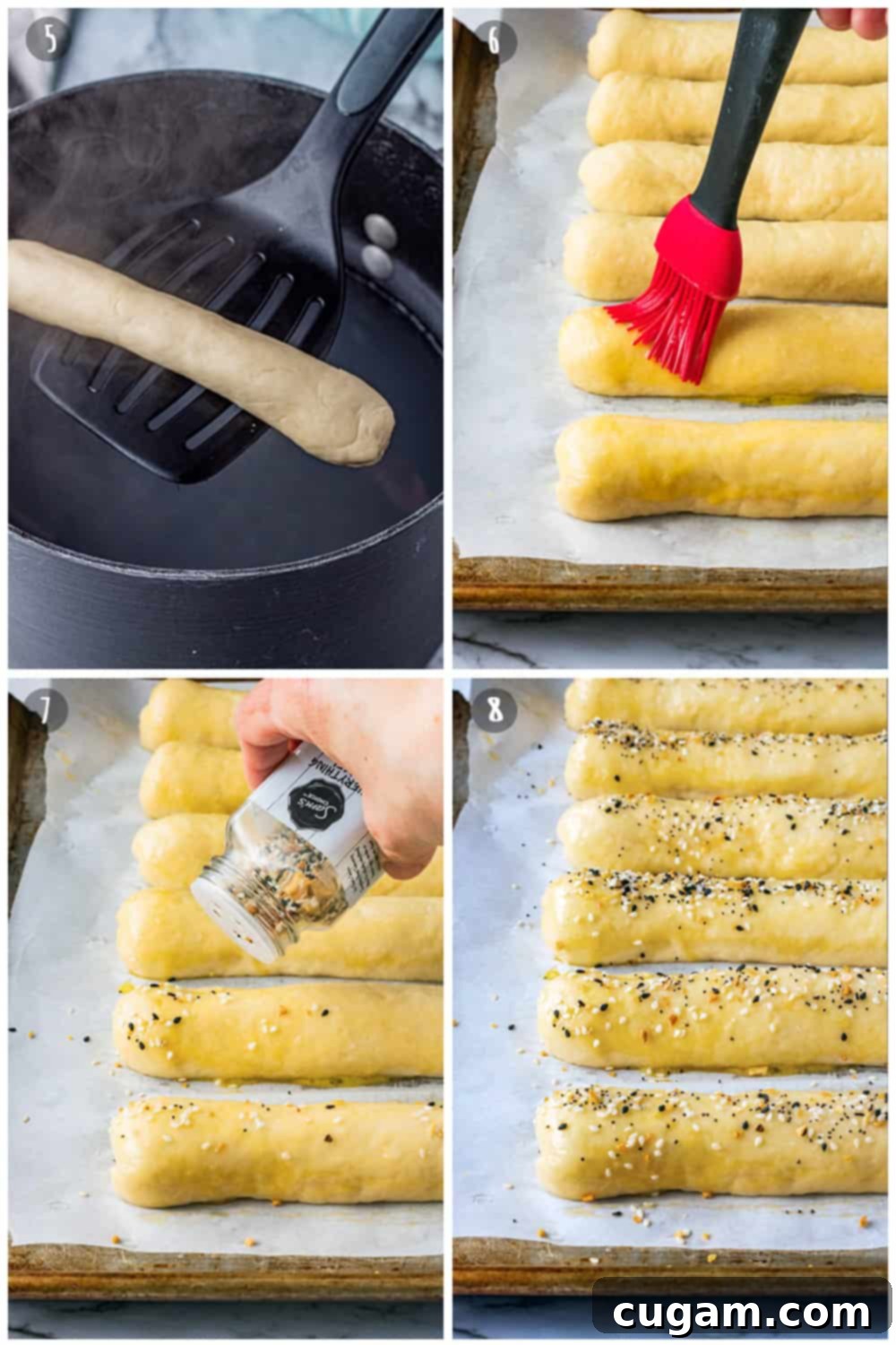 Boiled raw pretzel stick, brushing egg on dough, sprinkling seasoning onto dough, raw pretzels laying on a pan. 