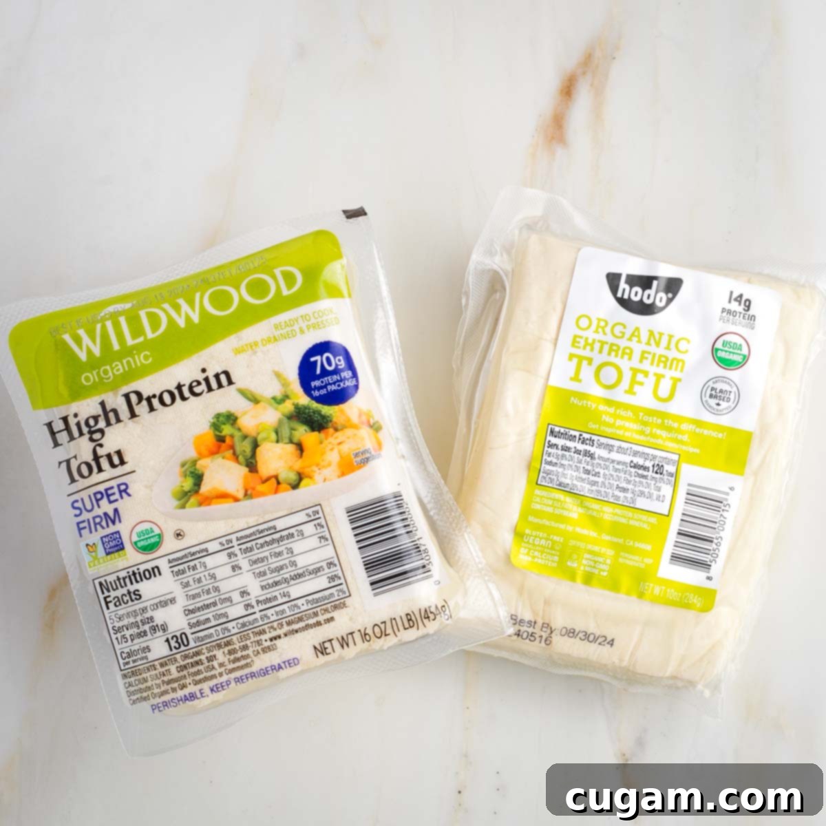 Two different brands of extra firm tofu. 