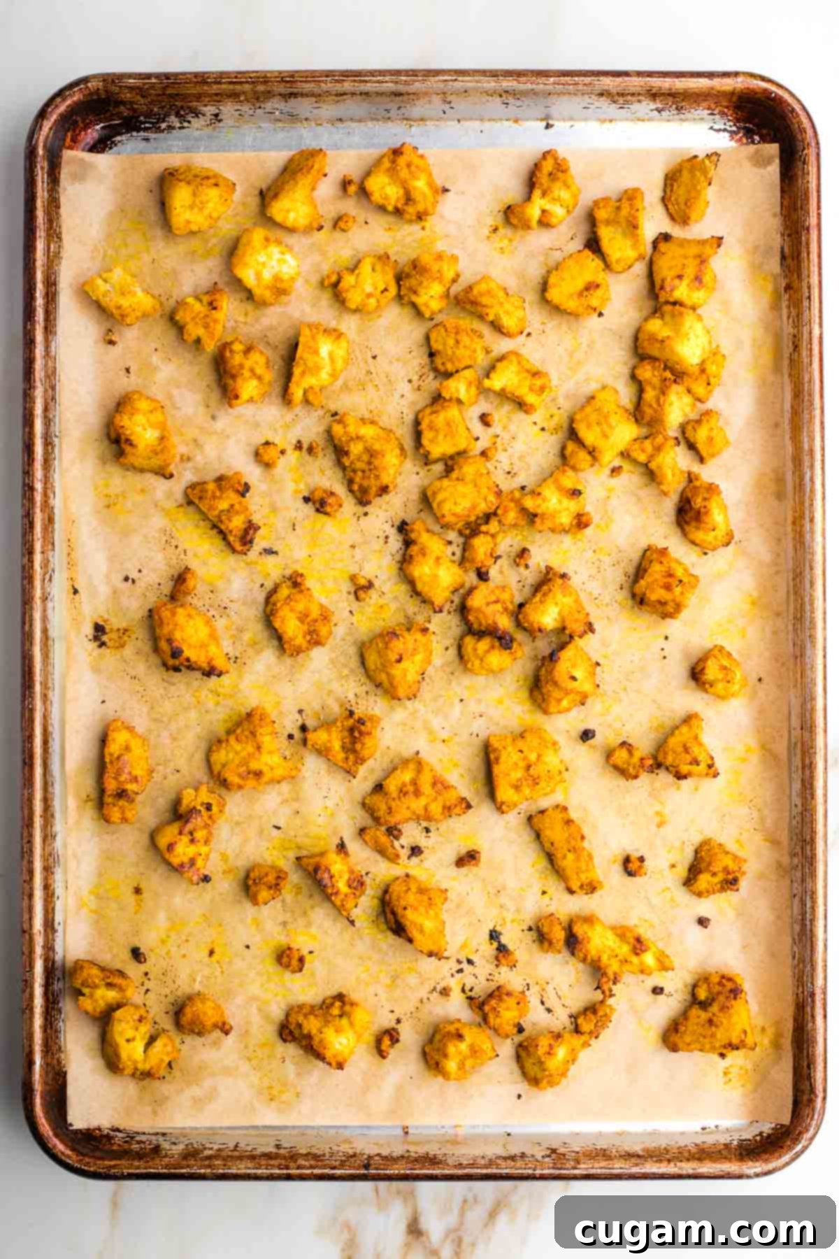 Roasted tofu shawarma in the oven.