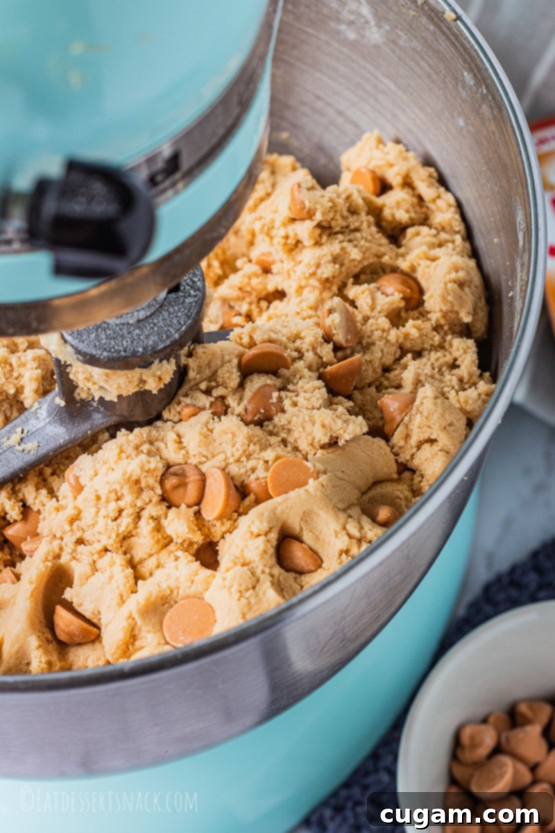 Butterscotch Chip Cookies are chewy, and have butterscotch pudding mix and butterscotch chips in them to add all that lovely caramel flavor. Raw Butterscotch cookie dough in blue mixer.