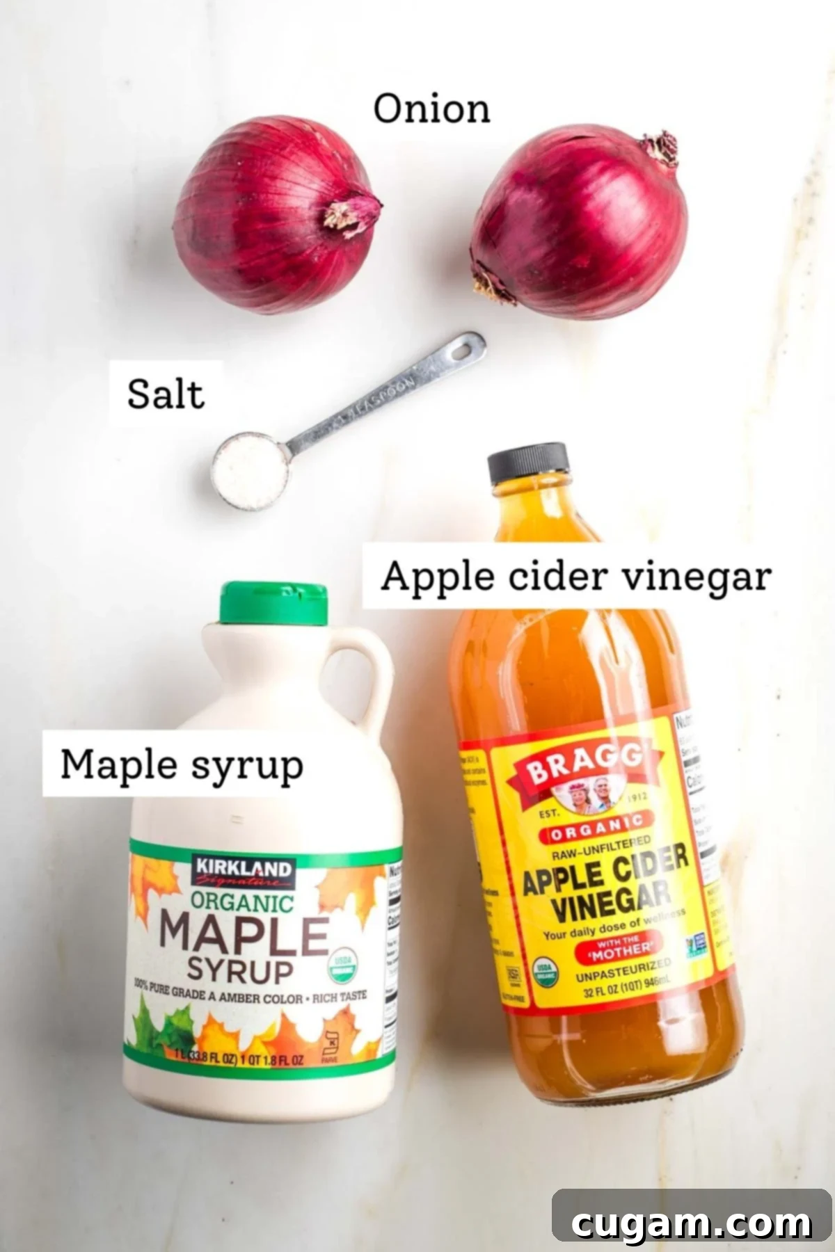 Red onions, teaspoon of salt, maple syrup and apple cider vinegar.