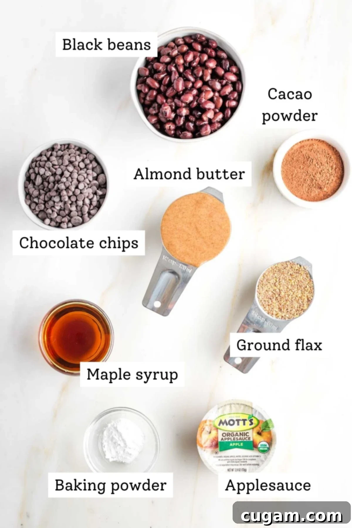 Labeled ingredients for black bean brownies: black beans, chocolate chips, cacao powder, almond butter, ground flax, maple syrup, baking powder, applesauce.