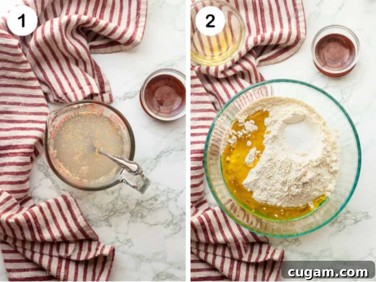 Yeast and sugar dissolved in warm water in a glass measuring cup, next to flour, olive oil, and salt in a glass mixing bowl.