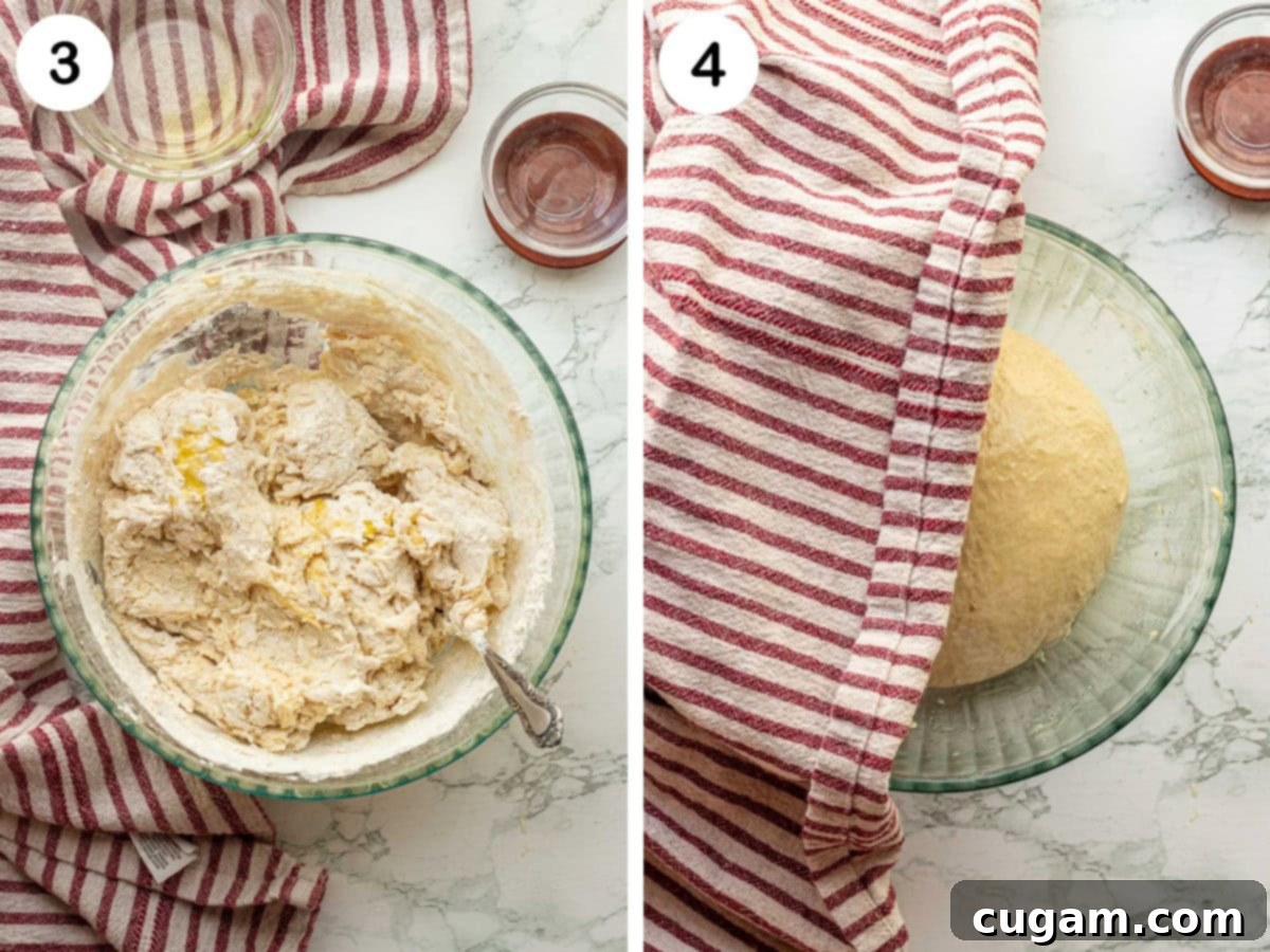 Raw pizza dough being mixed in a glass bowl, and another glass bowl with raw pizza dough covered with a red striped dishtowel, left to rise.