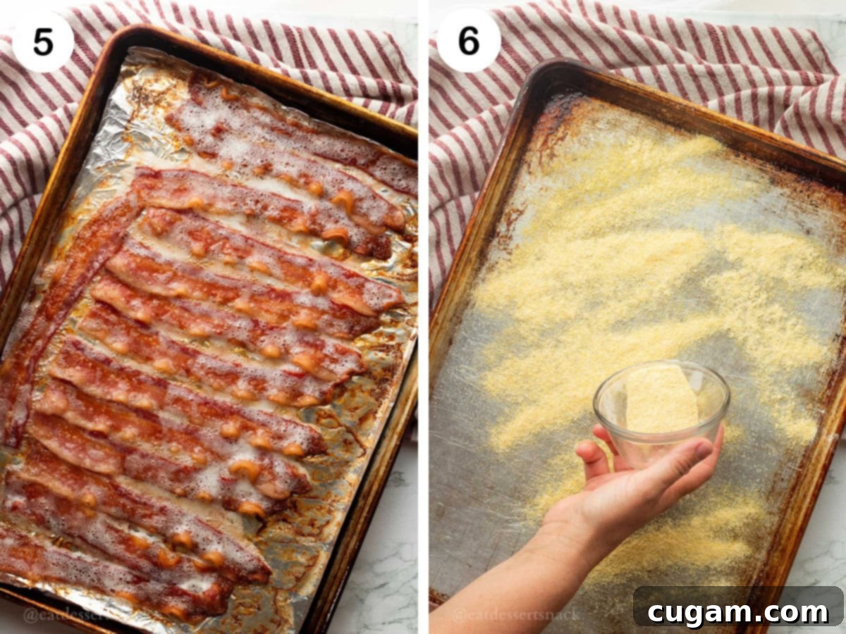 Crispy cooked bacon in a metal pan, and a hand sprinkling cornmeal evenly over a clean, empty sheet pan.
