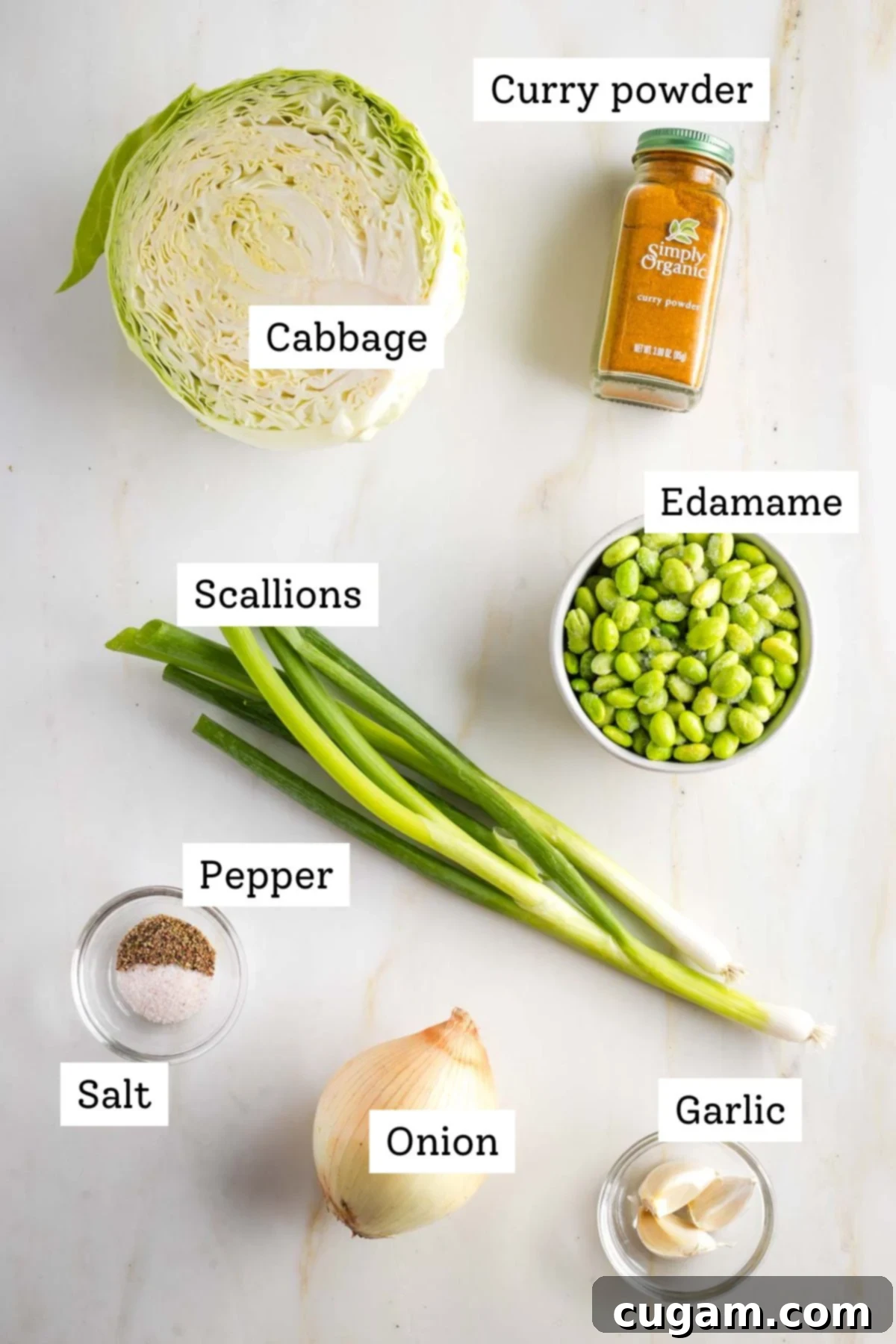 Fresh ingredients for cabbage curry: cabbage, onion, garlic, edamame, and curry powder.