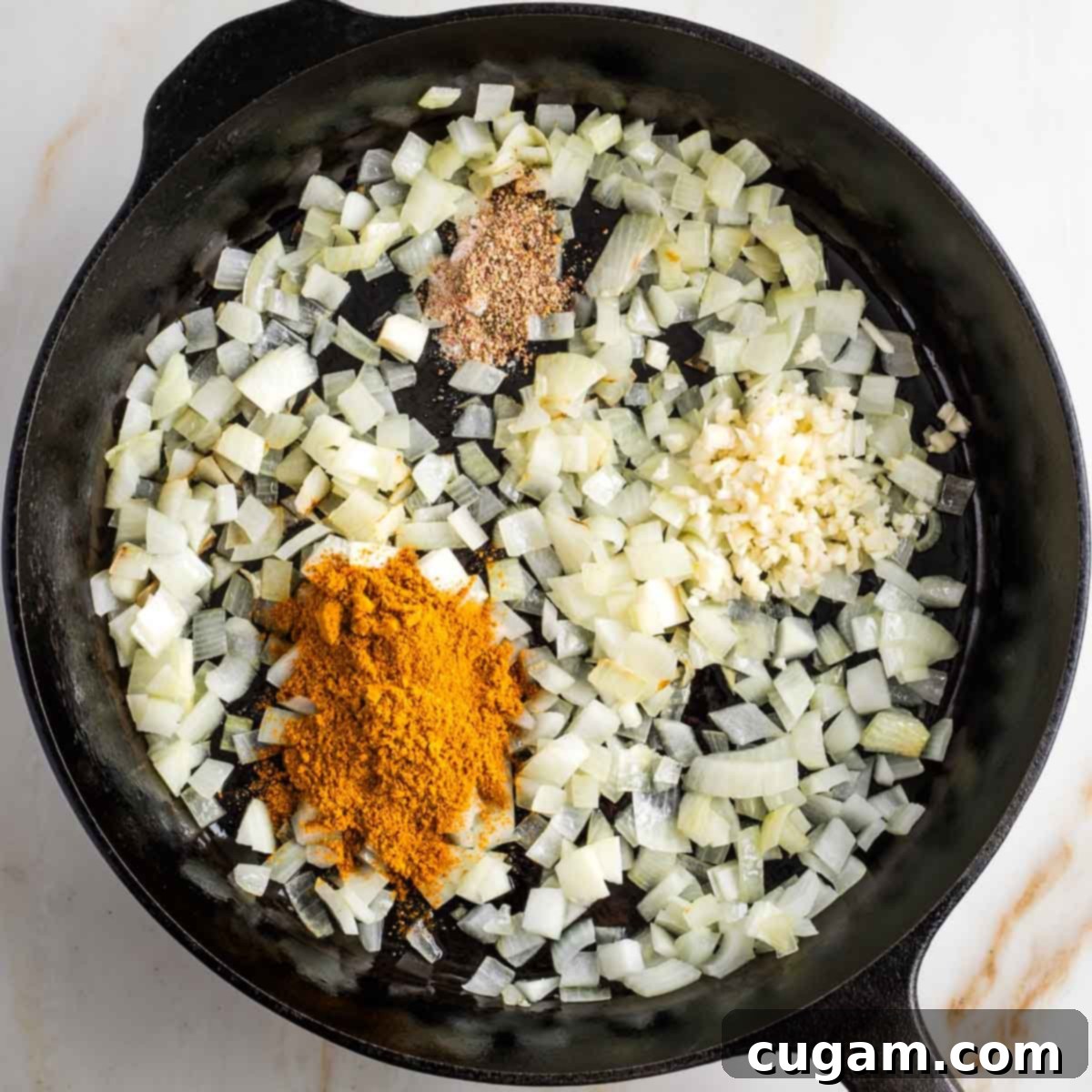 Sauteed onions in a cast iron skillet with curry powder, salt and pepper and minced garlic on top.