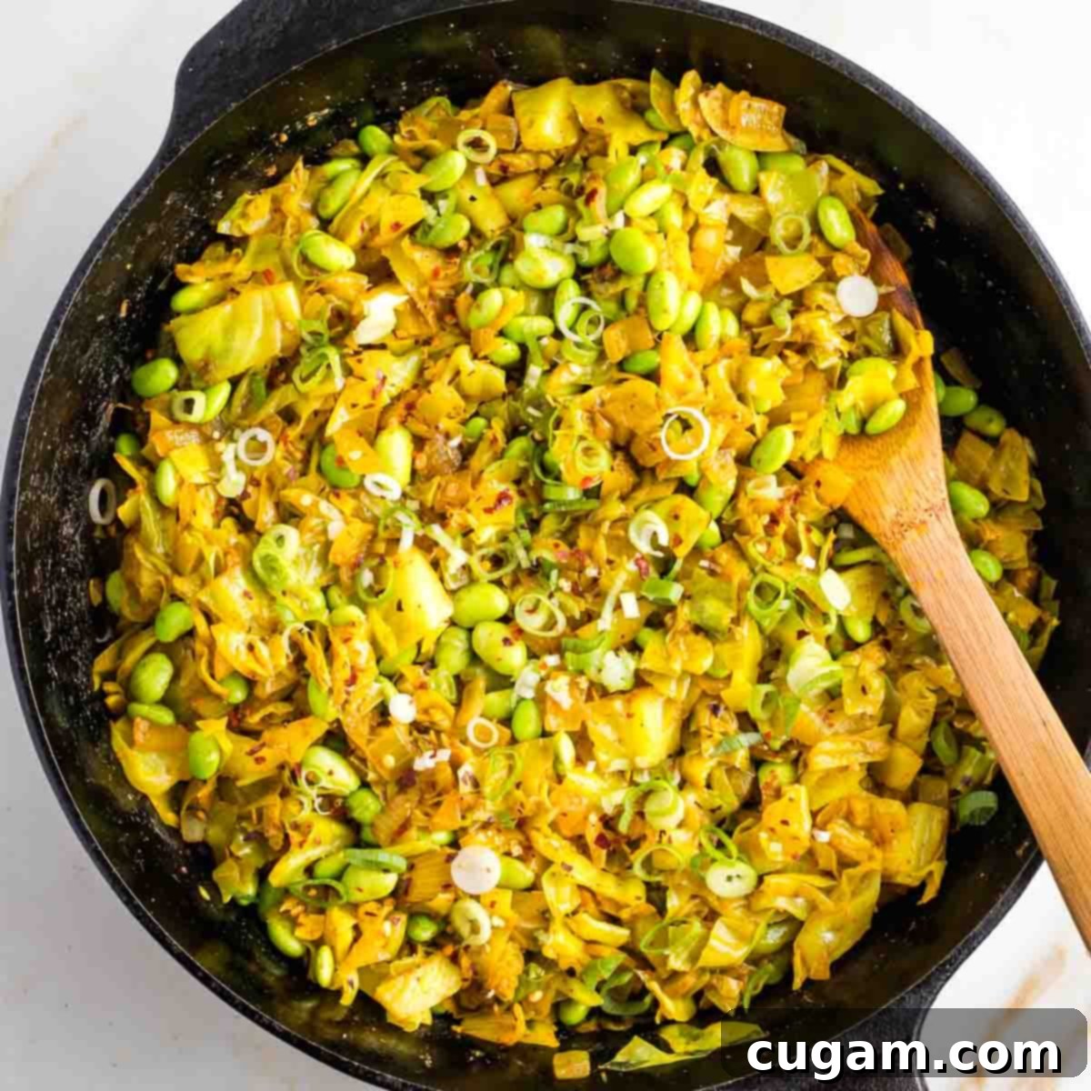 Finished cabbage curry garnished with scallions and red pepper flakes in a skillet.