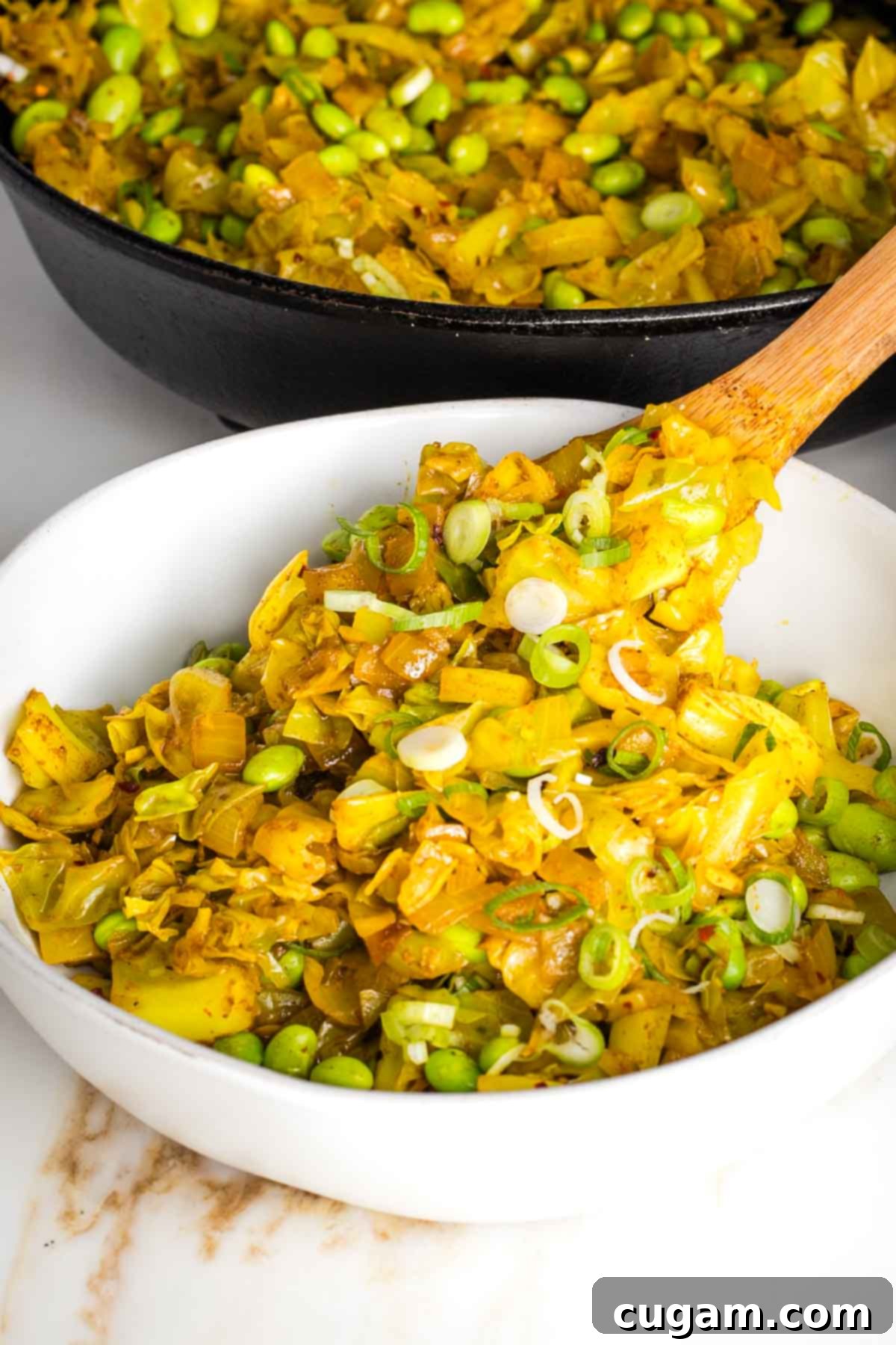 Closeup of cooked curried cabbage with edamame and scallions, ready to serve.