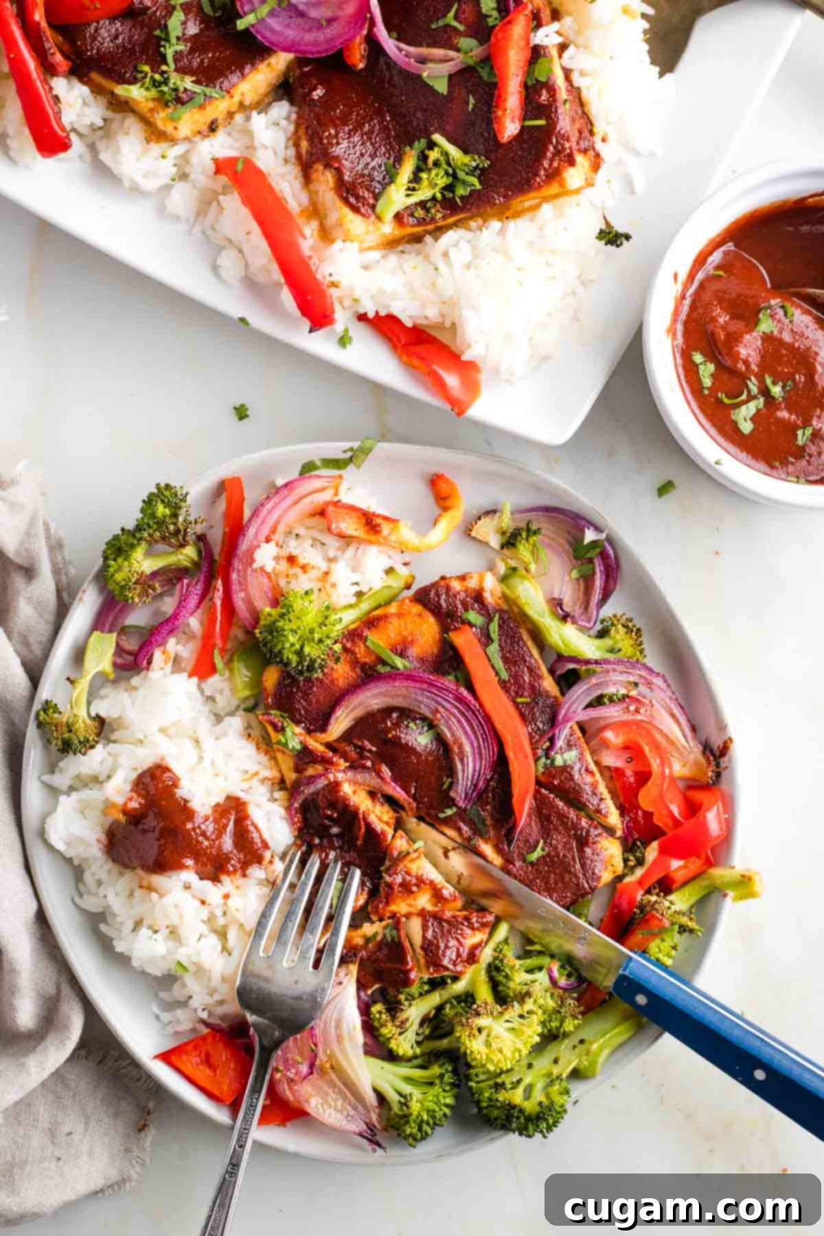Plate with rice, bbq saucy tofu, plus roasted broccoli, red peppers and onions.