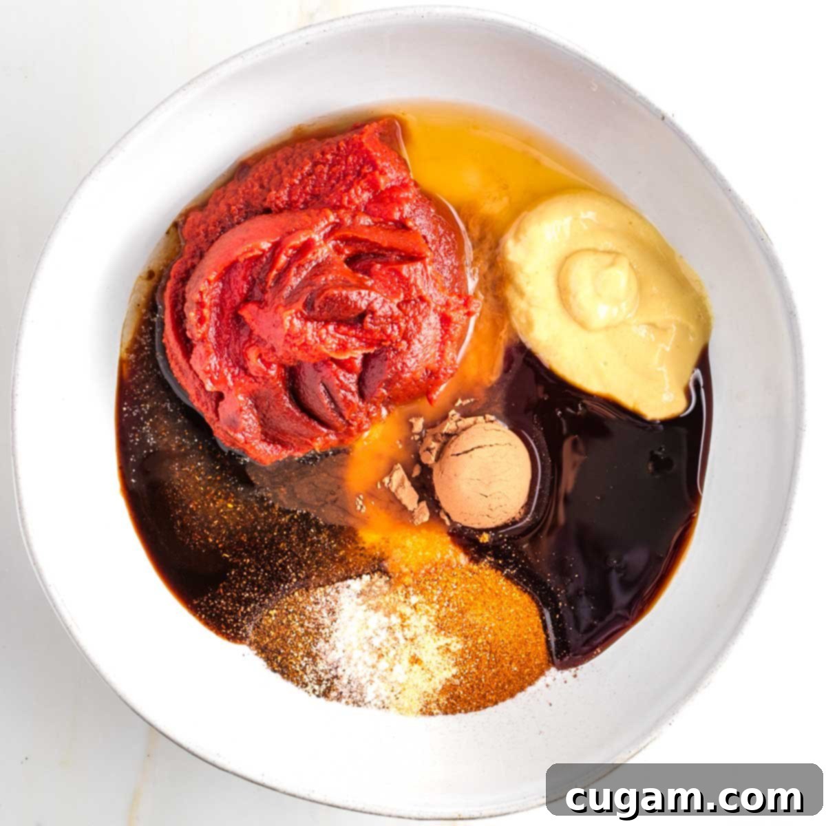 Tomato paste, mustard, cocoa powder, spices, worcestershire, vinegar and date syrup in a bowl.