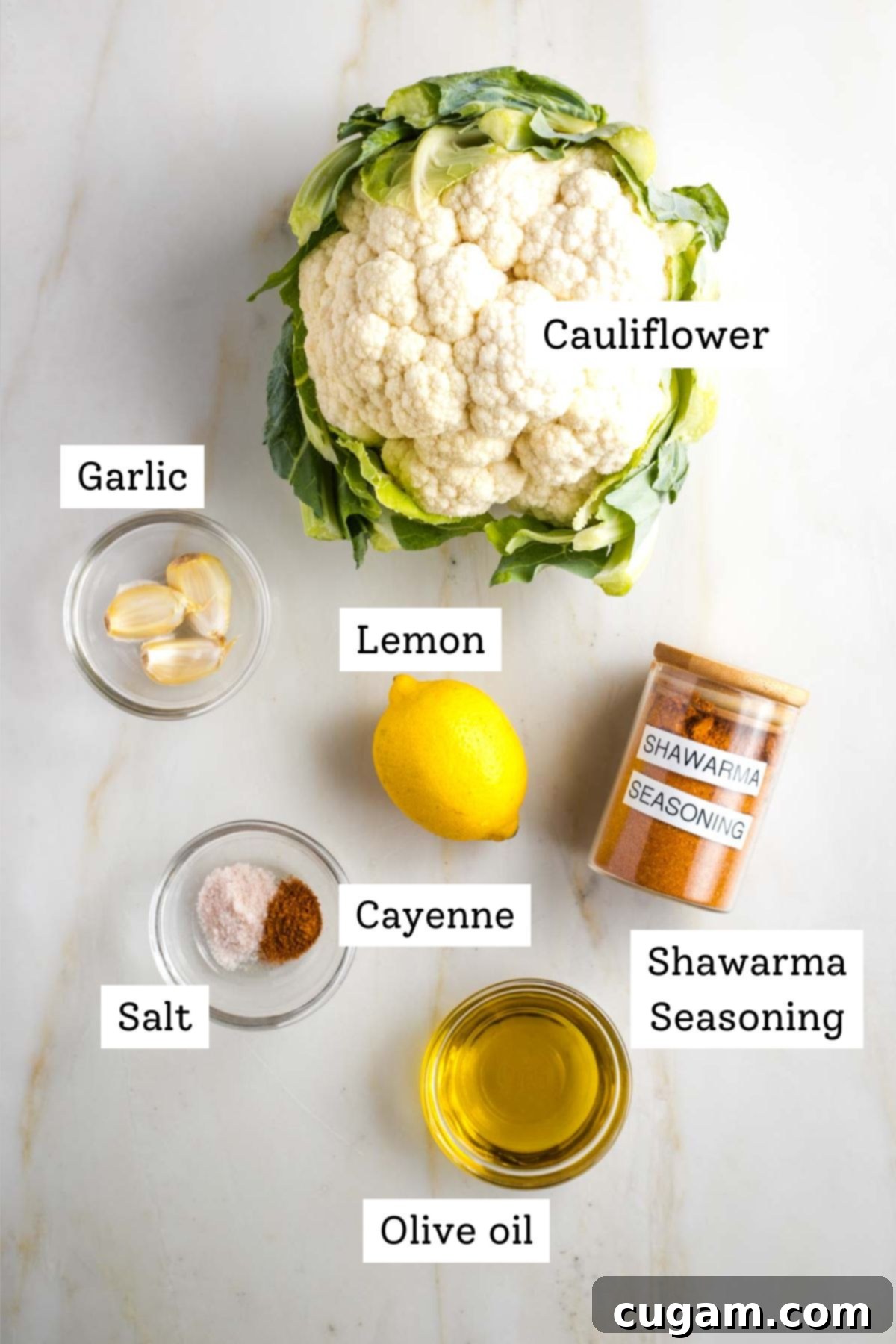 Labeled ingredients: cauliflower, lemon, garlic, shawarma seasoning, olive oil , salt and cayenne.