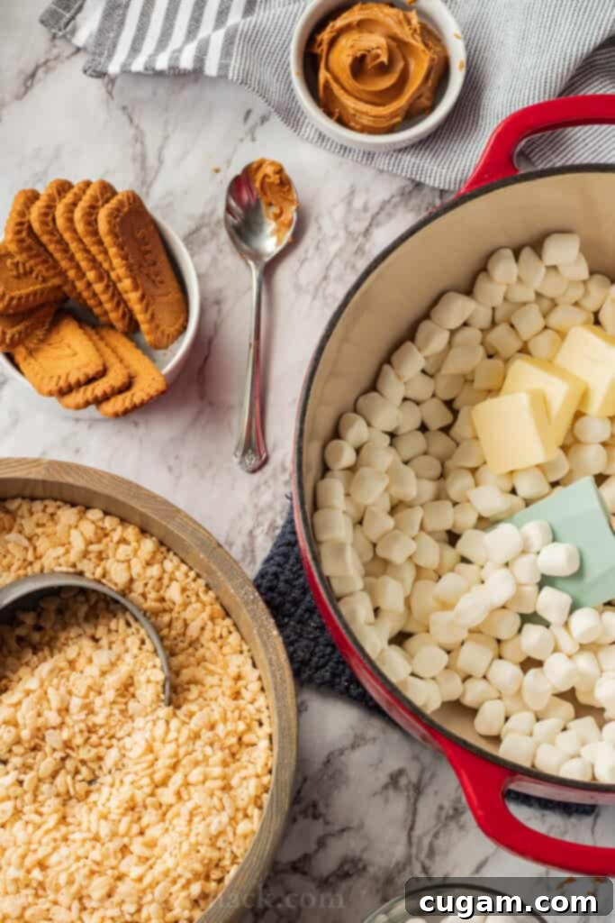 Key ingredients for Cookie Butter Rice Krispie Treats: marshmallows, puffed rice cereal, Biscoff cookies, and cookie butter, arranged on a marble surface with a spoon.