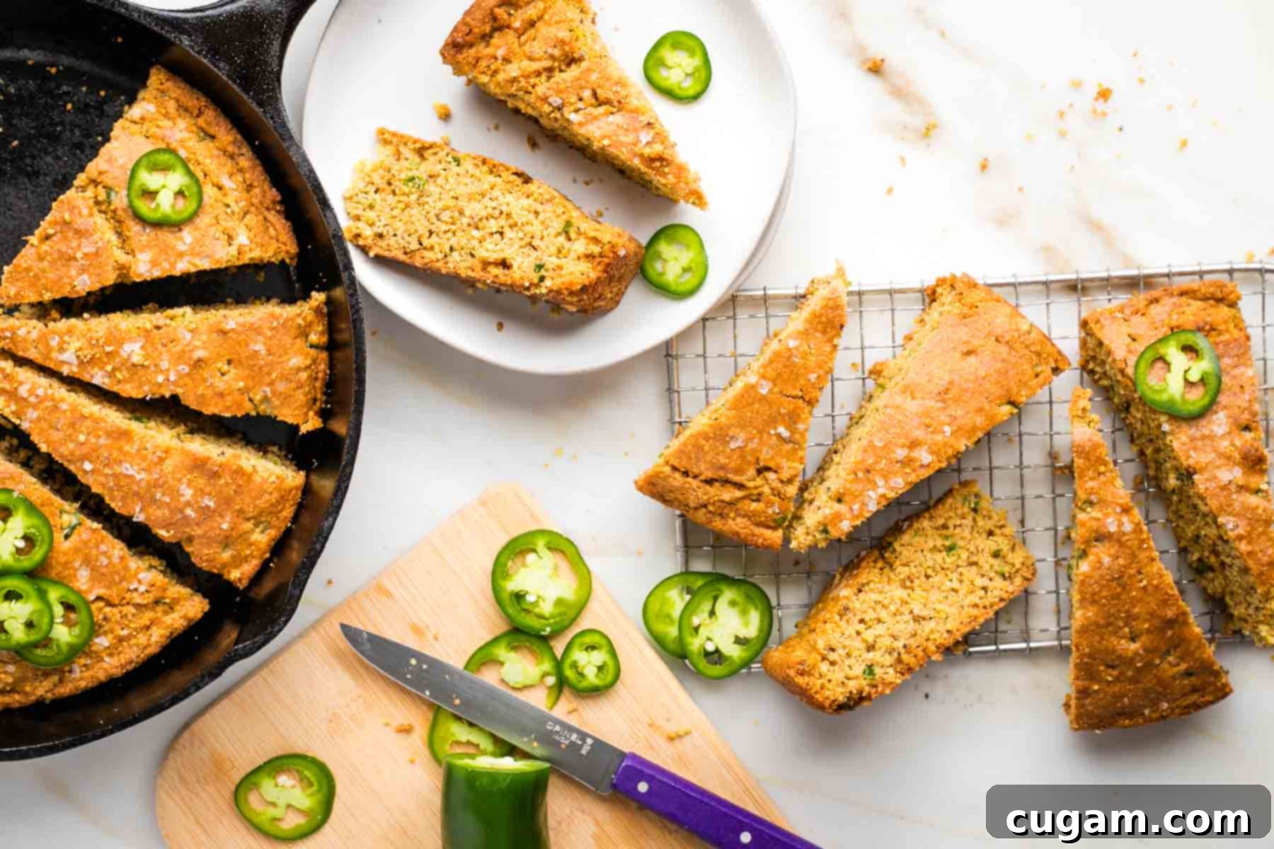 Slices of cornbread in skillet, on a plate and on a wire rack.