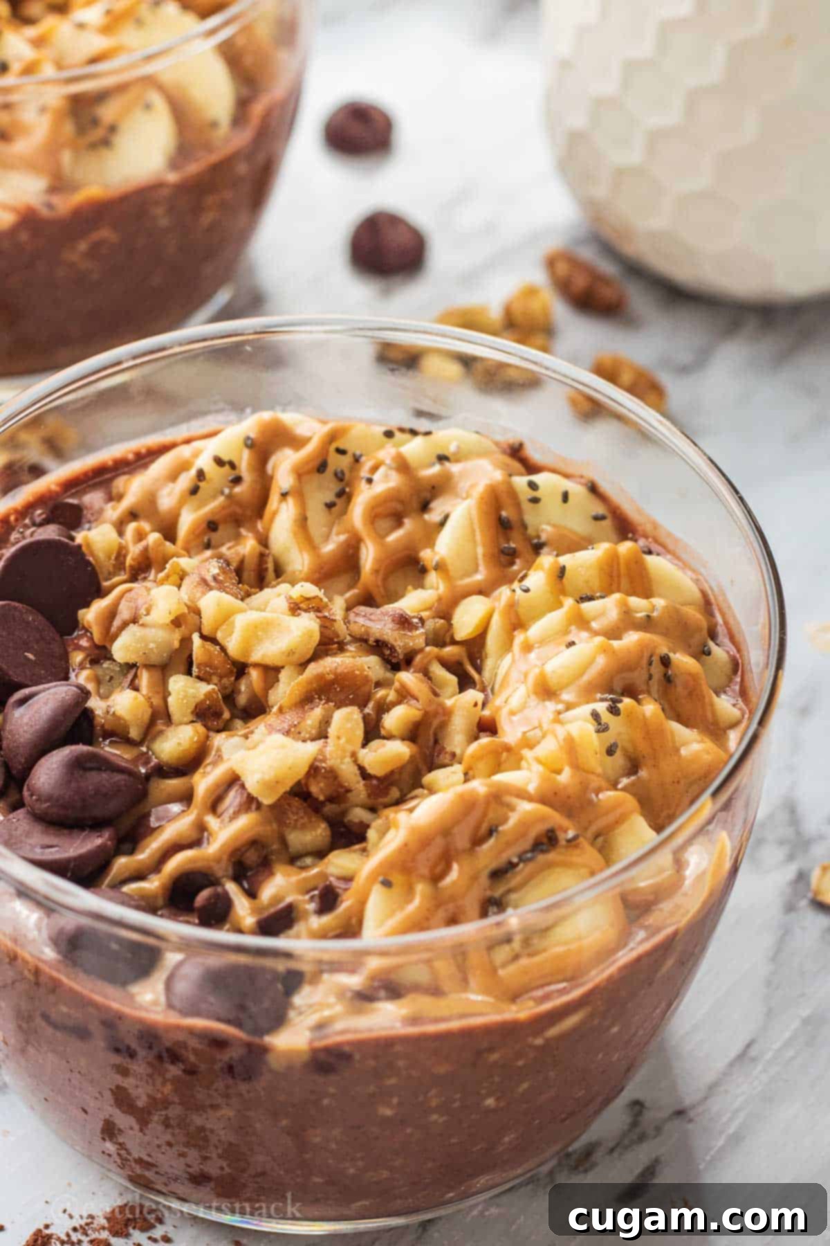Glass bowl of high-protein chocolate peanut butter overnight oats, generously topped with sliced bananas, crunchy walnuts, rich chocolate chips, and a decadent drizzle of peanut butter. This image highlights the delicious texture and toppings of a perfect breakfast.