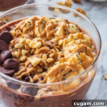 Chocolate peanut butter overnight oats in glass bowl with bananas, chocolate chips, and walnuts on top.
