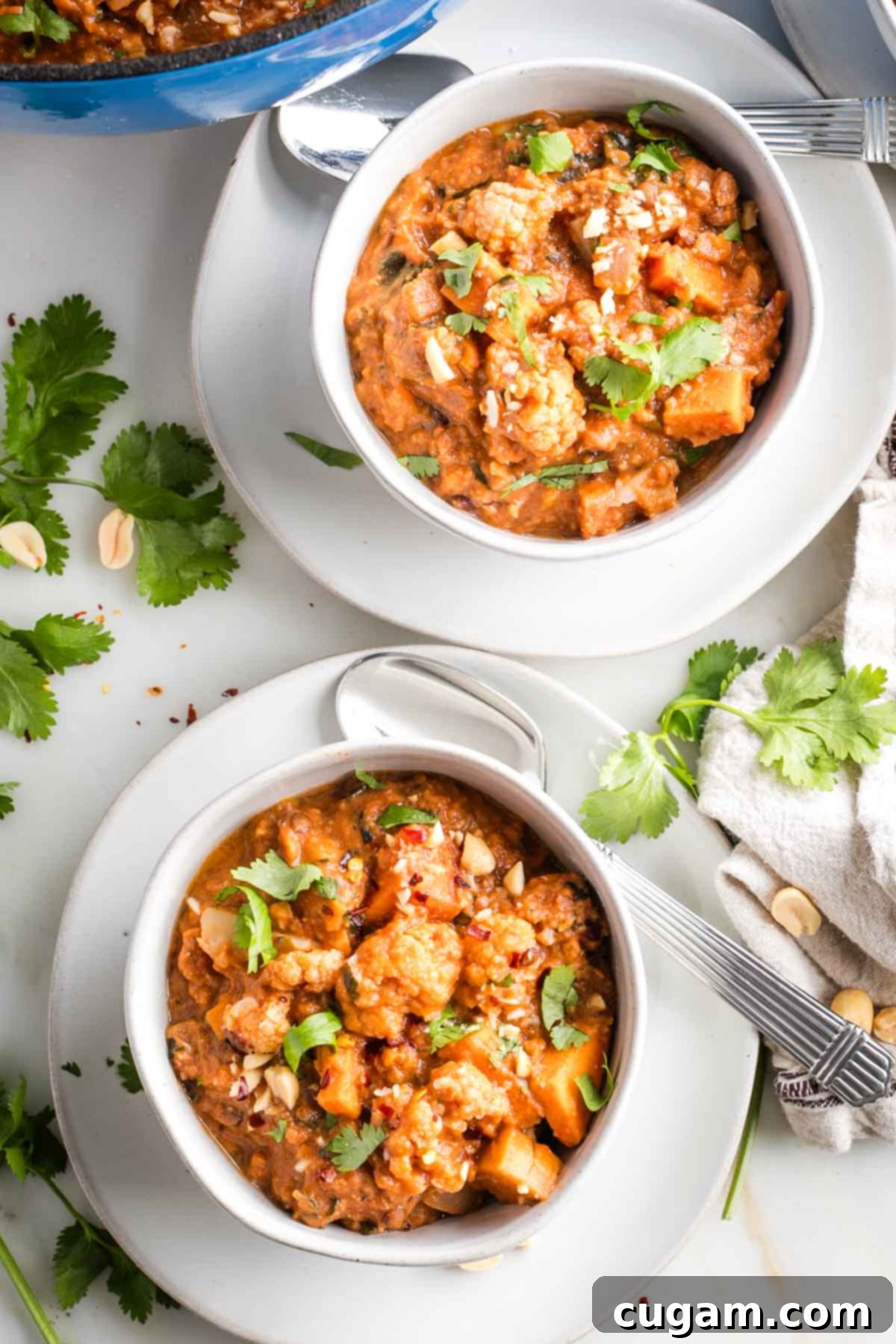 Two bowls of chunky vegetable stew topped with fresh herbs, crushed peanuts and crushed pepper.