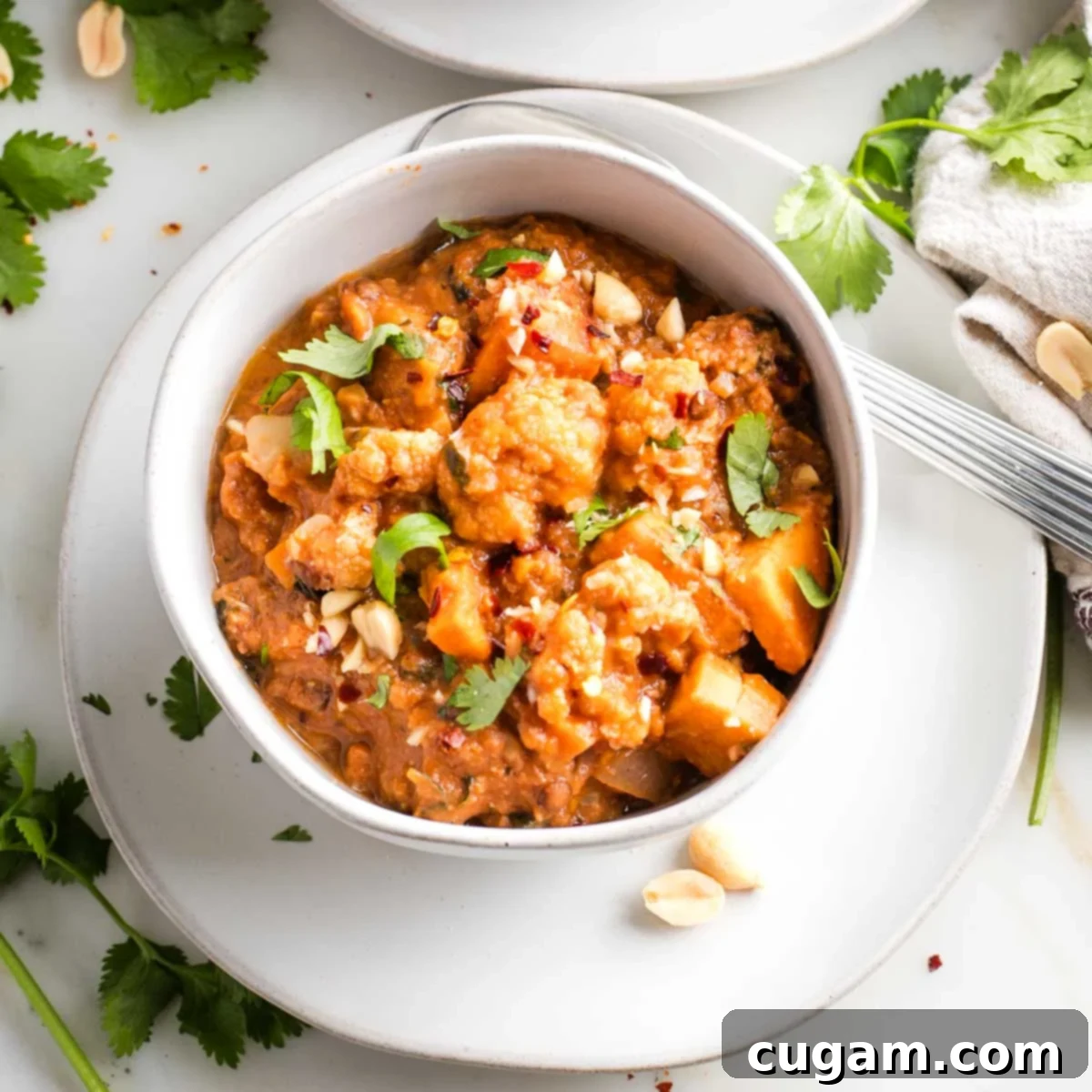 Bowl of chunky vegetable stew, garnished with fresh herbs and crushed peanuts.