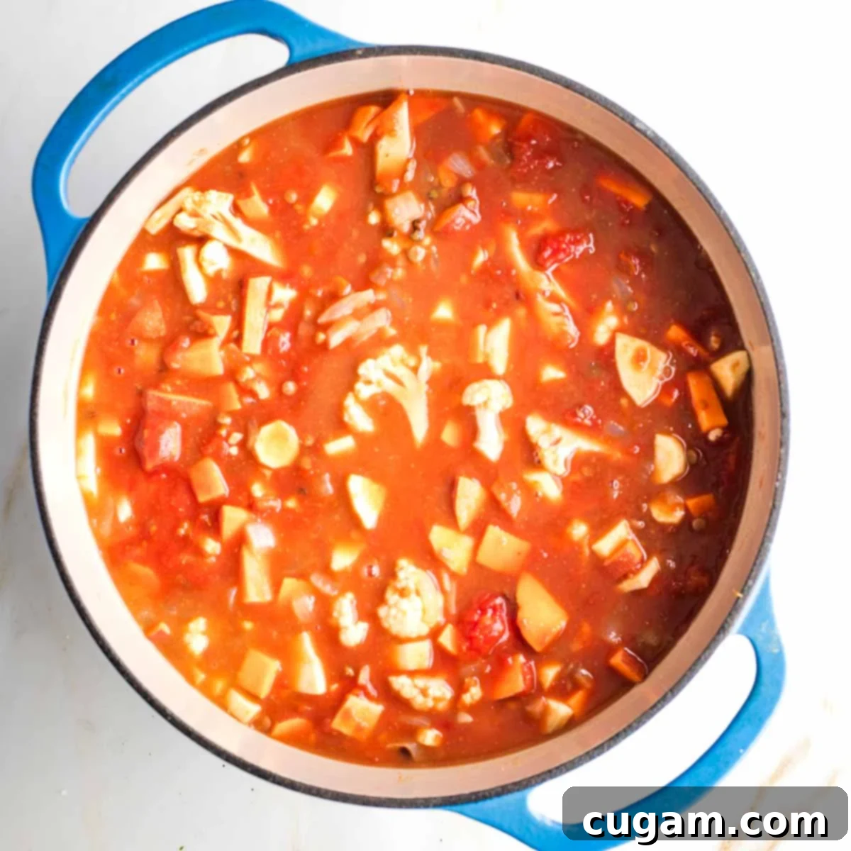 Crushed tomatoes diluted with veggie broth, cooking chopped veggies in a dutch oven.