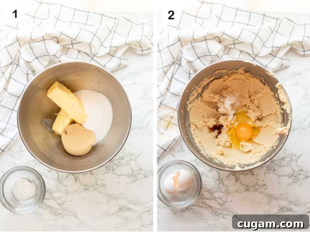 Neapolitan Layered Cookies 4 Photo collage showing room temperature butter, brown sugar, and white sugar in a metal mixing bowl, followed by creamed butter with egg, vanilla, and salt in another bowl, illustrating the initial steps of cookie dough preparation.